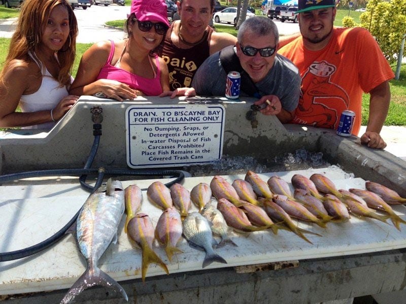 Anglers showing their catch of yellow tail snappers